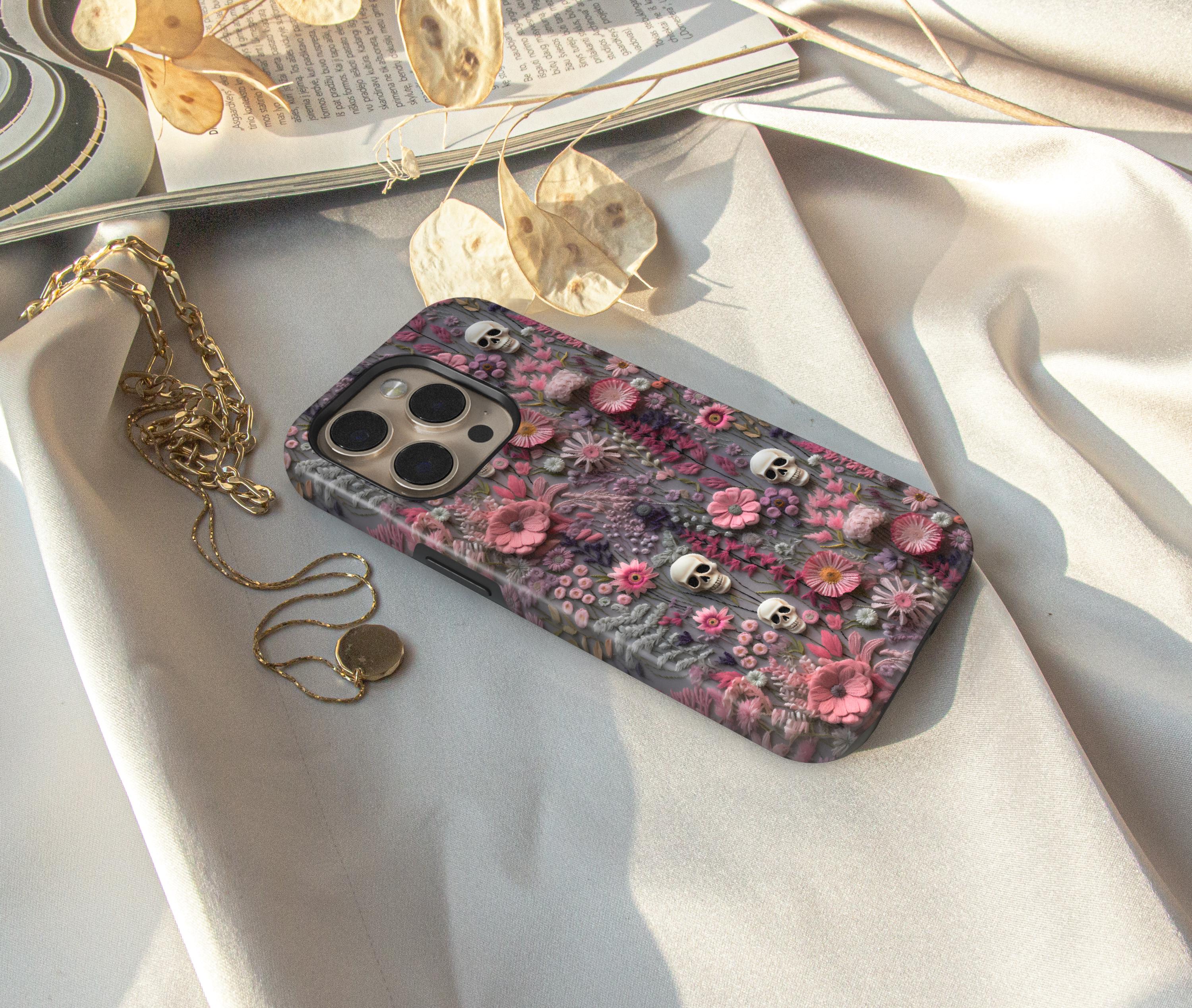 Goth Gothic Spooky Skull Embroidery Phone Case Trendy Skeleton with Wildflowers iPhone 15 14 13 12 11 8 Pro Max XS XR Pixel Samsung S23 S24+