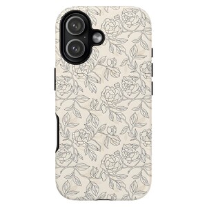 May include: A phone case with a floral design. The case has a cream-colored background with a pattern of black line-drawn flowers and leaves. The case has a black camera module and black side buttons.