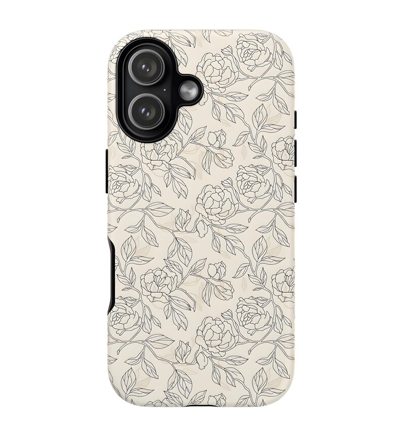 May include: A phone case with a floral design. The case has a cream-colored background with a pattern of black line-drawn flowers and leaves. The case has a black camera module and black side buttons.