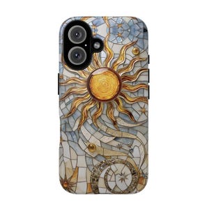 May include: A phone case with a mosaic design featuring a gold sun and stars on a white and blue background.