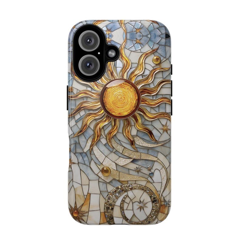 May include: A phone case with a mosaic design featuring a gold sun and stars on a white and blue background.