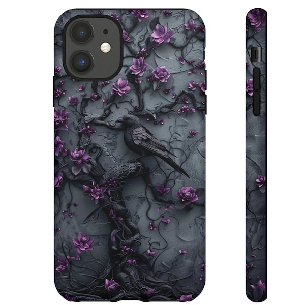 Goth Gothic Dark Spooky Raven Crow Phone Case Witchy Purple Tree Flower iPhone 15 14 13 12 11 8 Pro Max X XS XR Pixel Samsung S23 S24+ Gift