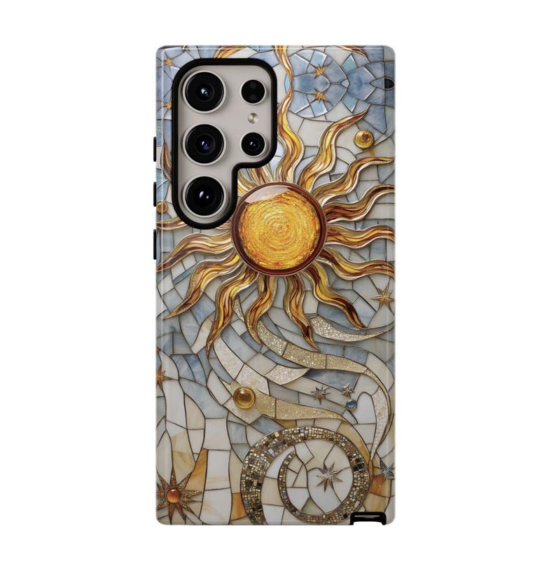 May include: A phone case with a mosaic design featuring a gold sun and stars on a white and blue background.