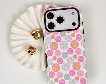 Funda para teléfono rosa con carita sonriente, linda funda retro para iPhone compatible con MagSafe, funda para teléfono con estética Y2K, regalo preppy para chicas.