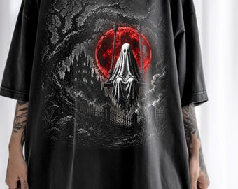 Gothic Ghost Shirt, Spooky Halloween T-Shirt, Haunted Forest Blood Moon Graphic Tee, Dark Academia Ghost Shirt, Creepy Fall Gift