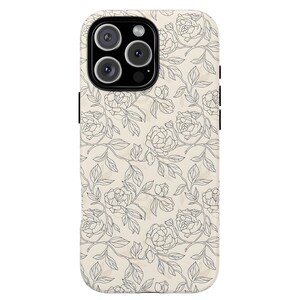 May include: A phone case with a floral design. The case has a cream-colored background with a pattern of black line-drawn flowers and leaves. The camera lenses are visible at the top.