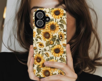 Funda para teléfono con diseño de girasoles, funda protectora amarilla para iPhone MagSafe, Samsung y Pixel.