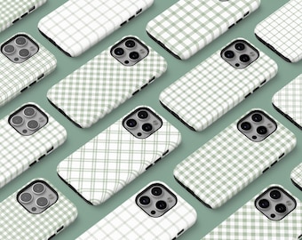 Sage Green Gingham Phone Case, Plaid Checkered iPhone MagSafe Compatible, Samsung and Pixel Cell Phone Cover