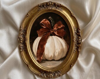 White Pumpkin Wall Art, Vintage Pumpkin Print, Moody Autumn Decor, Pumpkin with Bow, Cottagecore Fall Art, Rustic Thanksgiving - UNFRAMED