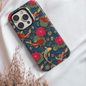 Koi Fish Lotus Phone Case, Floral Japanese Art iPhone Samsung Cover, Nature Lover Gift for Her, Asian Phone Case, MagSafe Cell Phone Cover