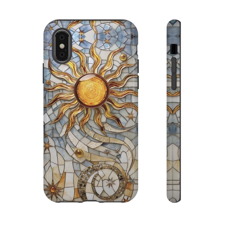 May include: A phone case with a mosaic design featuring a sun, moon, and stars. The design is in shades of gold, blue, and white.