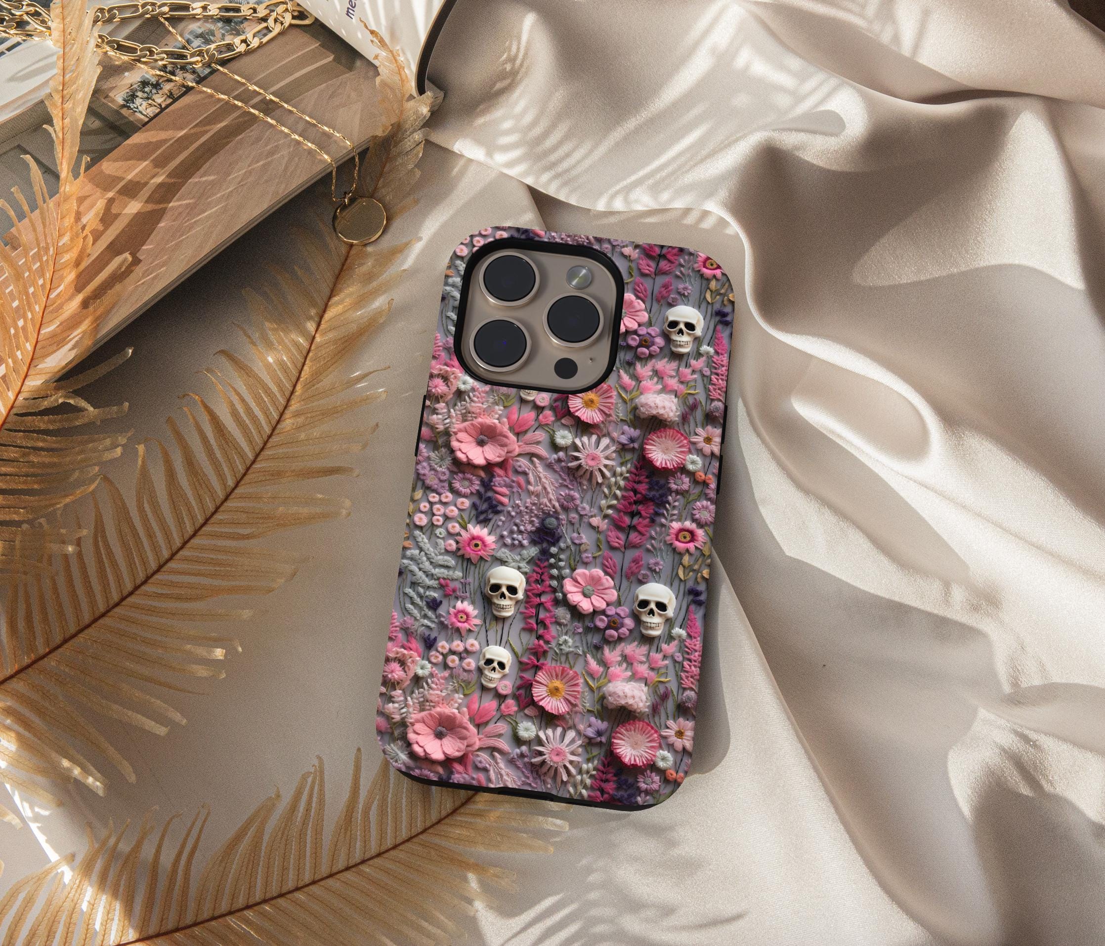 Goth Gothic Spooky Skull Embroidery Phone Case Trendy Skeleton with Wildflowers iPhone 15 14 13 12 11 8 Pro Max XS XR Pixel Samsung S23 S24+