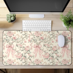 Vintage Floral Desk Mat, Chinoiserie Mouse Pad, Coquette Aesthetic Office Decor, Pink Bow Gaming Pad, Cottagecore Desk Accessories Gift
