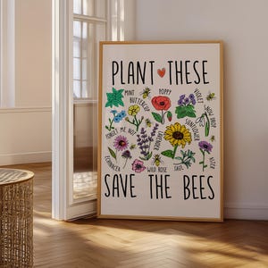 Bees Wall Art, Eco-friendly Home Decor, Colorful Wildflower Poster, Pollinator Friendly Garden Print, Botanical Nature HFme Decor Gift