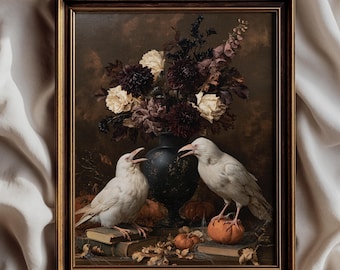 Crow Raven Wall Art, Unique Albino Art, Dark Academia Vintage Decor, Victorian Floral Still Life Poster, Moody Autumn Print Decor - UNFRAMED