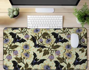 Gothic Bat Desk Mat, Floral Mouse Pad, Witchy Botanical Desk Pad, Vintage Goth Office Decor, Dark Academia Gaming Mat, Spooky Desk Decor