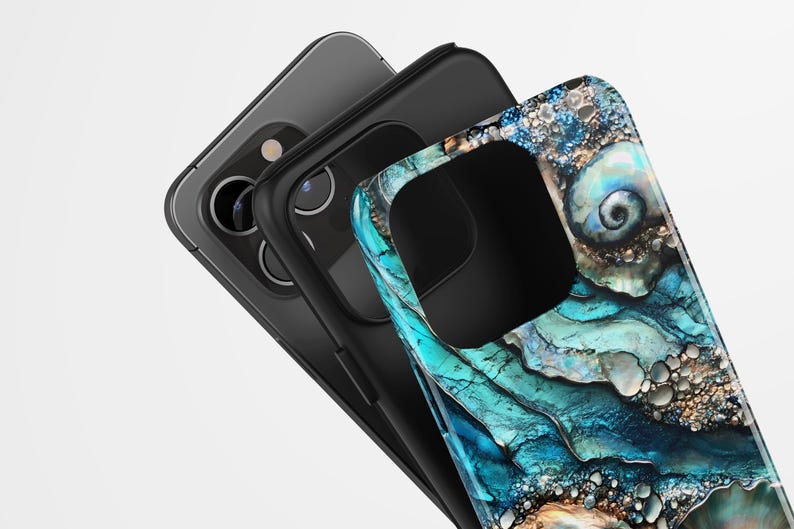 May include: A black phone case with a blue and green abstract design. The case has a cutout for the camera lens.