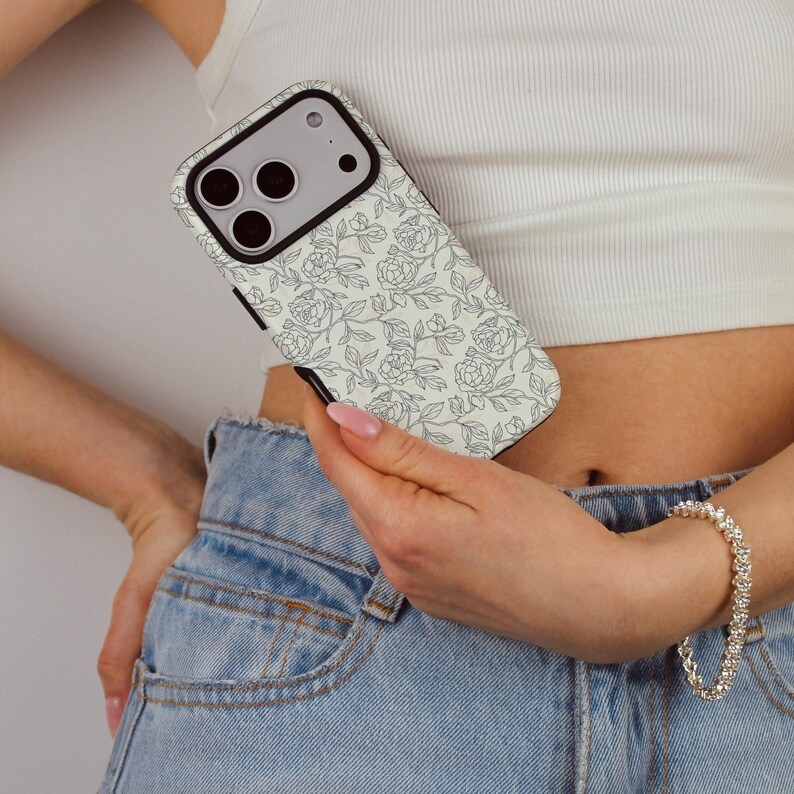 Floral Line Art Aesthetic Phone Case, iPhone MagSafe Compatible, Samsung, and Pixel Protective Cell Phone Cover image 3