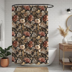 Floral Boho Shower Curtain, Brown Botanical Flower, Cottagecore Bathtub Curtain, Vintage Style Bathroom Decor, Home Makeover Bath Decor Gift