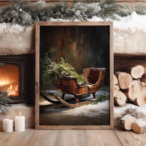 May include: A framed wall art print featuring a vintage wooden sleigh filled with evergreen branches, set against a dark, textured background. The sleigh rests on a snowy surface, capturing a winter scene with deep brown tones and green foliage.