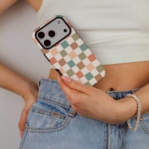 Personalized Retro Aesthetic Plaid Phone Case, Fall Checkered iPhone MagSafe Compatible Cover, Preppy Soft Girl Accessory Gift image 3
