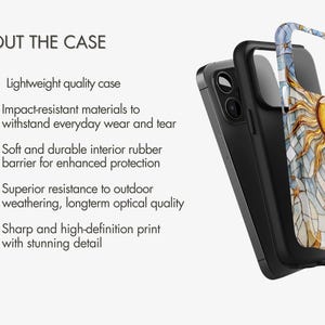 May include: A black phone case with a colorful stained glass design featuring a sun with rays. The case is made of impact-resistant materials and has a soft rubber interior for protection.  The case is lightweight and has a sharp, high-definition print.