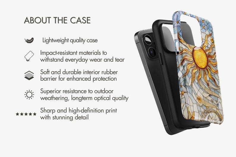 May include: A black phone case with a colorful stained glass design featuring a sun with rays. The case is made of impact-resistant materials and has a soft rubber interior for protection.  The case is lightweight and has a sharp, high-definition print.