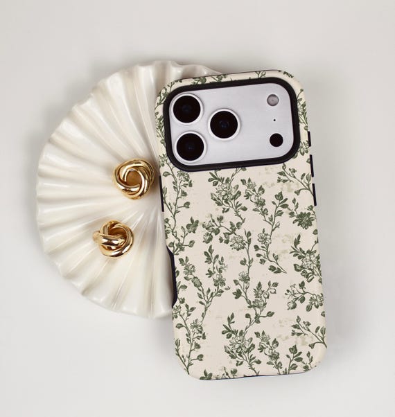 Vintage Botanical Phone Case, Sage Green Floral Toile iPhone, Samsung, and Pixel Protective Case, iPhone MagSafe Cell Phone Cover