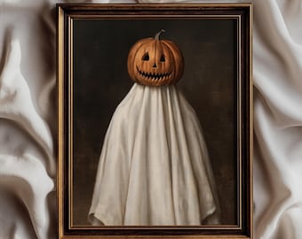 Halloween Ghost Pumpkin Wall Art, Gothic Dark Academia Poster, Moody Autumn Decor, Spooky Cottagecore Creepy Art - UNFRAMED