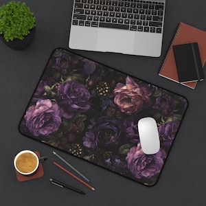 Dark Moody Peonies Desk Mat Gothic Flowers Mouse Pad Anti-slip Deskpad Dark Purple Floral Home Office Desk Decor Keyboard Mat, Gift for Wife image 6
