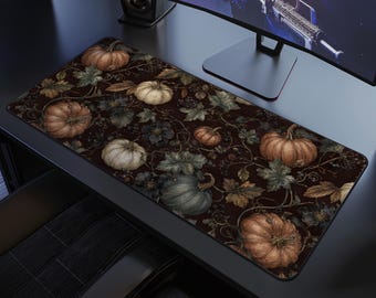 Fall Pumpkin Desk Mat, Vintage Gothic Extra Large Mouse Pad, Dark Academia Desk Pad, Autumn Botanical Desk Decor, Halloween Office Gift