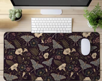 Dark Floral Desk Mat, Moth Mouse Pad, Gothic Botanical Desk Pad, Dark Academia Desk Mat, Vintage Whimsigoth Office Decor