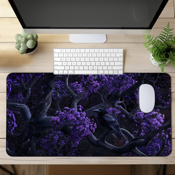 Raven Crow Desk Mat Desk Mat Trendy Aesthetic Witchy Forest Purple Tree Flower Mouse Pad Anti-slip Mat Gift for Gothic Raven Crow Lover Fan