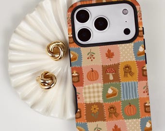 Cute Cozy Fall Phone Case, Pumpkin Spice Patchwork Quilt Design iPhone MagSafe Compatible, Samsung, and Pixel Tough Cell Phone Cover