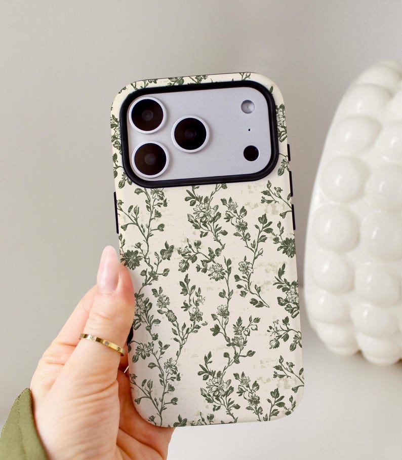 Funda para teléfono con diseño botánico vintage, funda protectora para iPhone, Samsung y Pixel con estampado floral verde salvia, compatible con iPhone y MagSafe. imagen 2