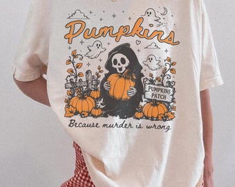 Funny Pumpkin Halloween Shirt, Cute Grim Reaper Pumpkin Patch Tee, Spooky Fall Graphic T-Shirt, Cozy Autumn Shirt, Halloween Gift for Women