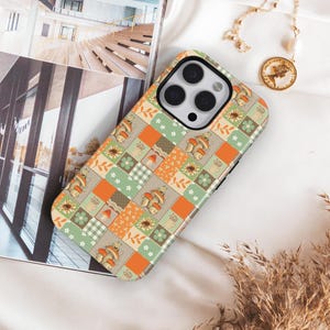 Cottagecore Frog Mushroom Quilt Phone Case: Boho Floral Patchwork, iPhone Magsafe Compatible  Cover