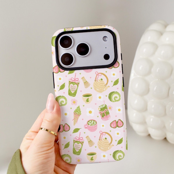 Funda para teléfono Matcha, funda Kawaii compatible con MagSafe para iPhone, funda para teléfono móvil Samsung y Pixel con diseño de té boba matcha helado.