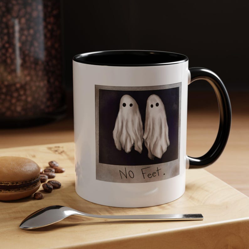 Funny Ghost Mug: No Feet Polaroid Design - Spooky Halloween Cup Black & White