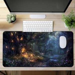 Fantasy Fairycore Baumhaus im Wald Schreibtischmatte, Verzauberte Wälder Work & Play Mauspad Anti-Rutsch Schreibtischunterlage Krabbeldecke Märchen Geschenk
