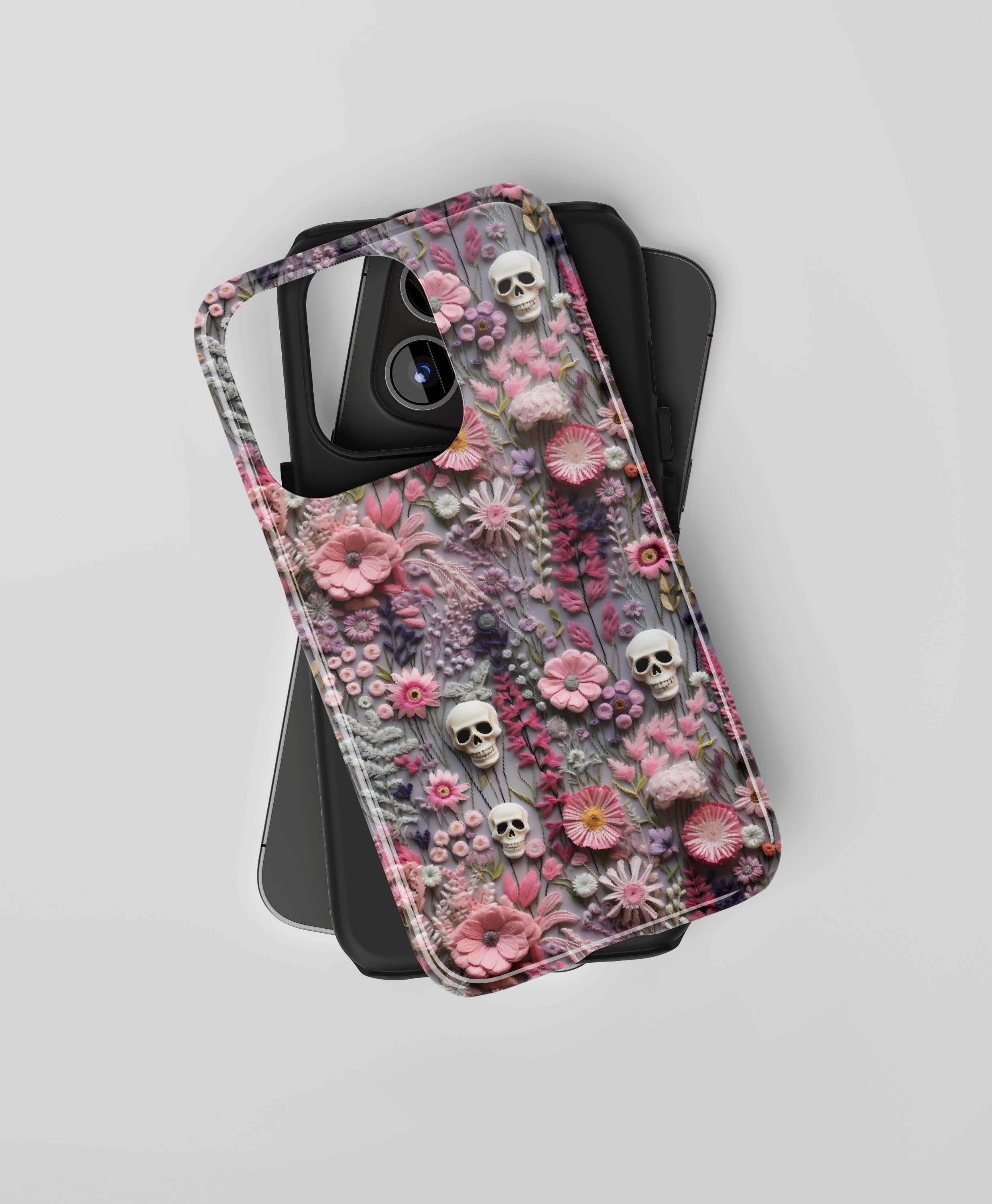 Goth Gothic Spooky Skull Embroidery Phone Case Trendy Skeleton with Wildflowers iPhone 15 14 13 12 11 8 Pro Max XS XR Pixel Samsung S23 S24+