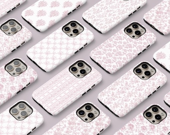 Pink Toile Botanical Phone Case, Vintage Floral MagSafe iPhone Samsung Pixel Tough Cell Phone Cover