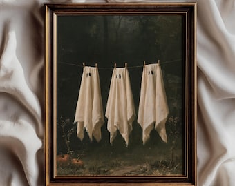 Ghost Hanging Wall Art, Gothic Vintage Halloween Print, Dark Academia Poster, Moody Autumn Decor, Spooky Cottagecore Art - UNFRAMED