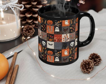 Cozy Halloween Mug, Vintage Patchwork Ghost Coffee Mug, Spooky Cute Fall Mug, Pumpkin Black Cat Ceramic Cup, Halloween Gift
