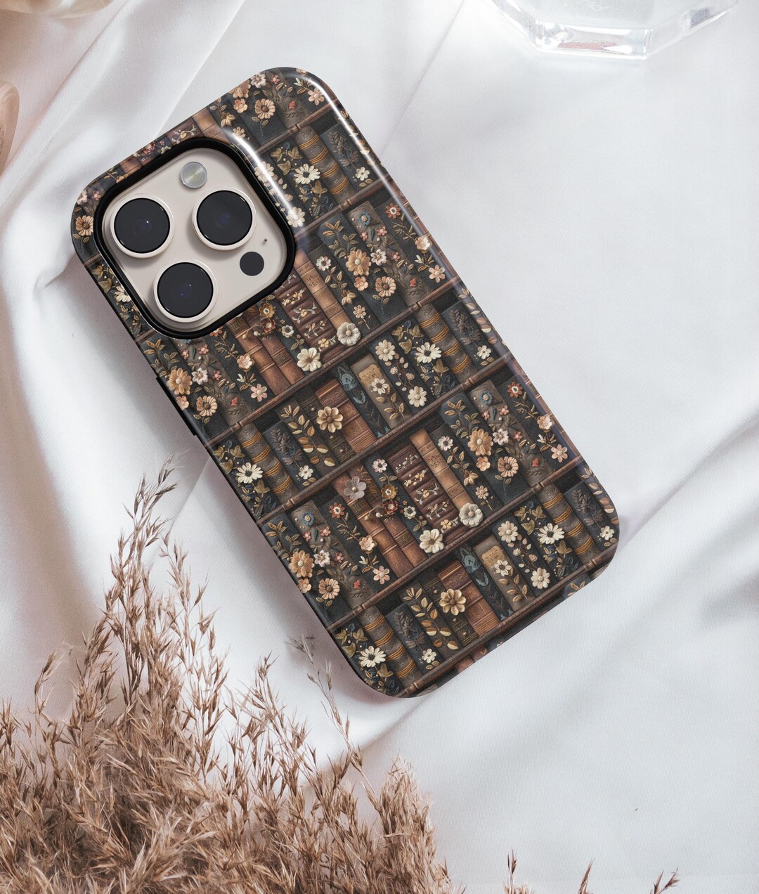 Old Fantasy Bookstack Phone Case Floral Fiction Bookshelf iPhone 16 15 ...