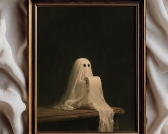 Cute Ghost Bathroom Wall Art, Gothic Halloween Print, Dark Academia Poster, Moody Spooky Bathroom Decor, Cottagecore Ghost Art - UNFRAMED