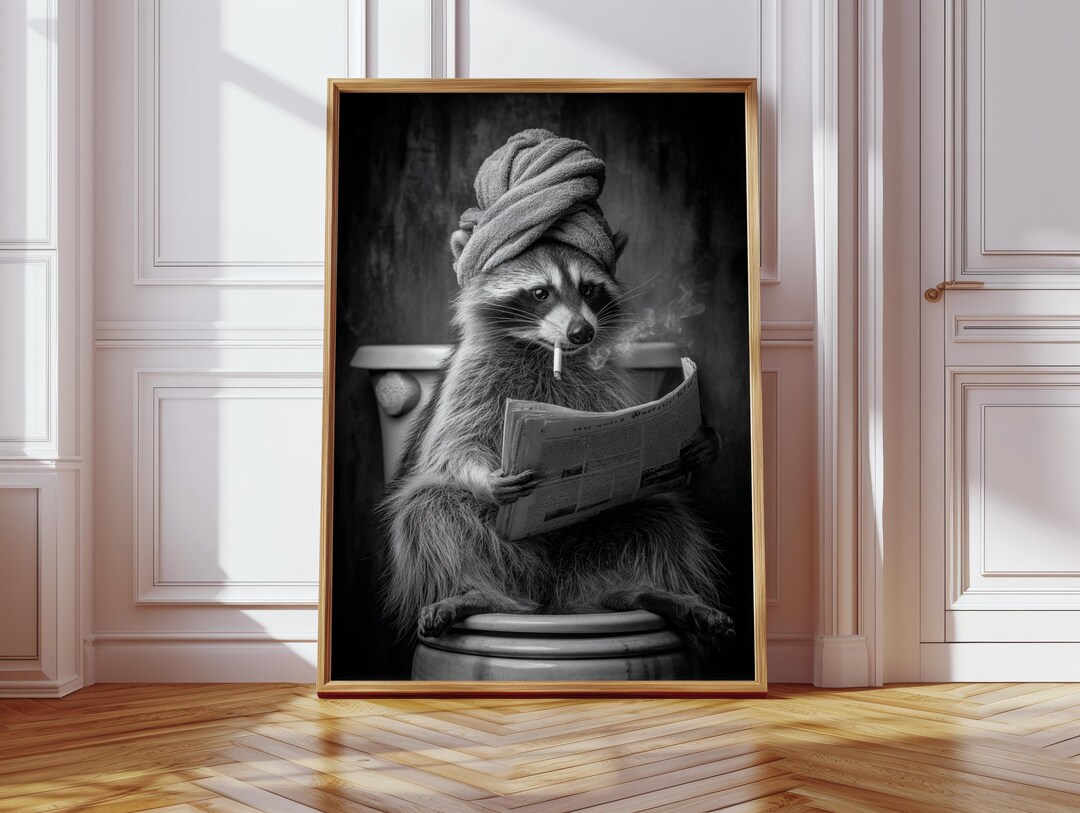 Vintage Raccoon Toilet Humor Wall Art, Funny Animal Bathroom Poster ...