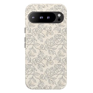 May include: A phone case with a floral design. The case features a cream-colored background with a pattern of black line-drawn flowers and leaves. The camera and buttons are visible.