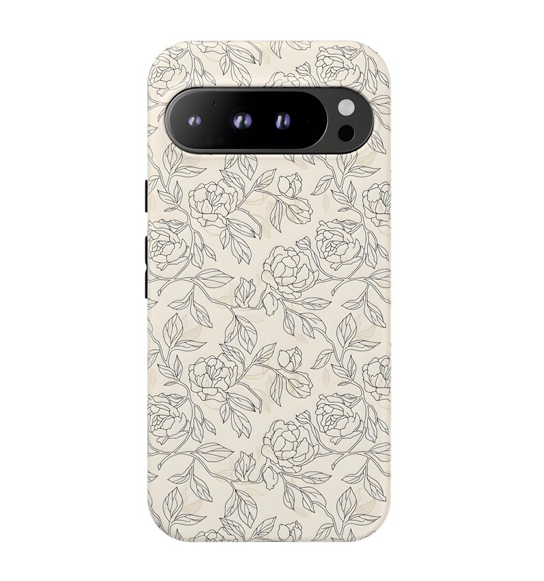 May include: A phone case with a floral design. The case features a cream-colored background with a pattern of black line-drawn flowers and leaves. The camera and buttons are visible.