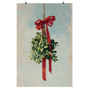 May include: A print of a sprig of mistletoe with green leaves and a bright red ribbon tied in a bow. The ribbon hangs down, and the background is a light blue with white brushstrokes.